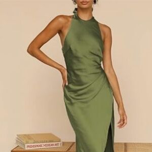 Satin Halter Backless Slit Maxi Dress